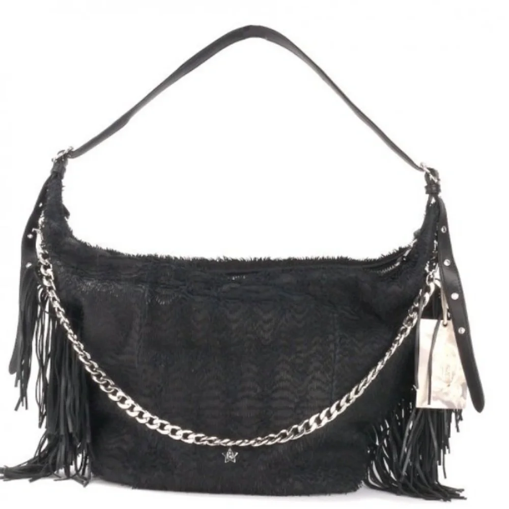 Ash BO Fringed Hobo Bag Black Suede